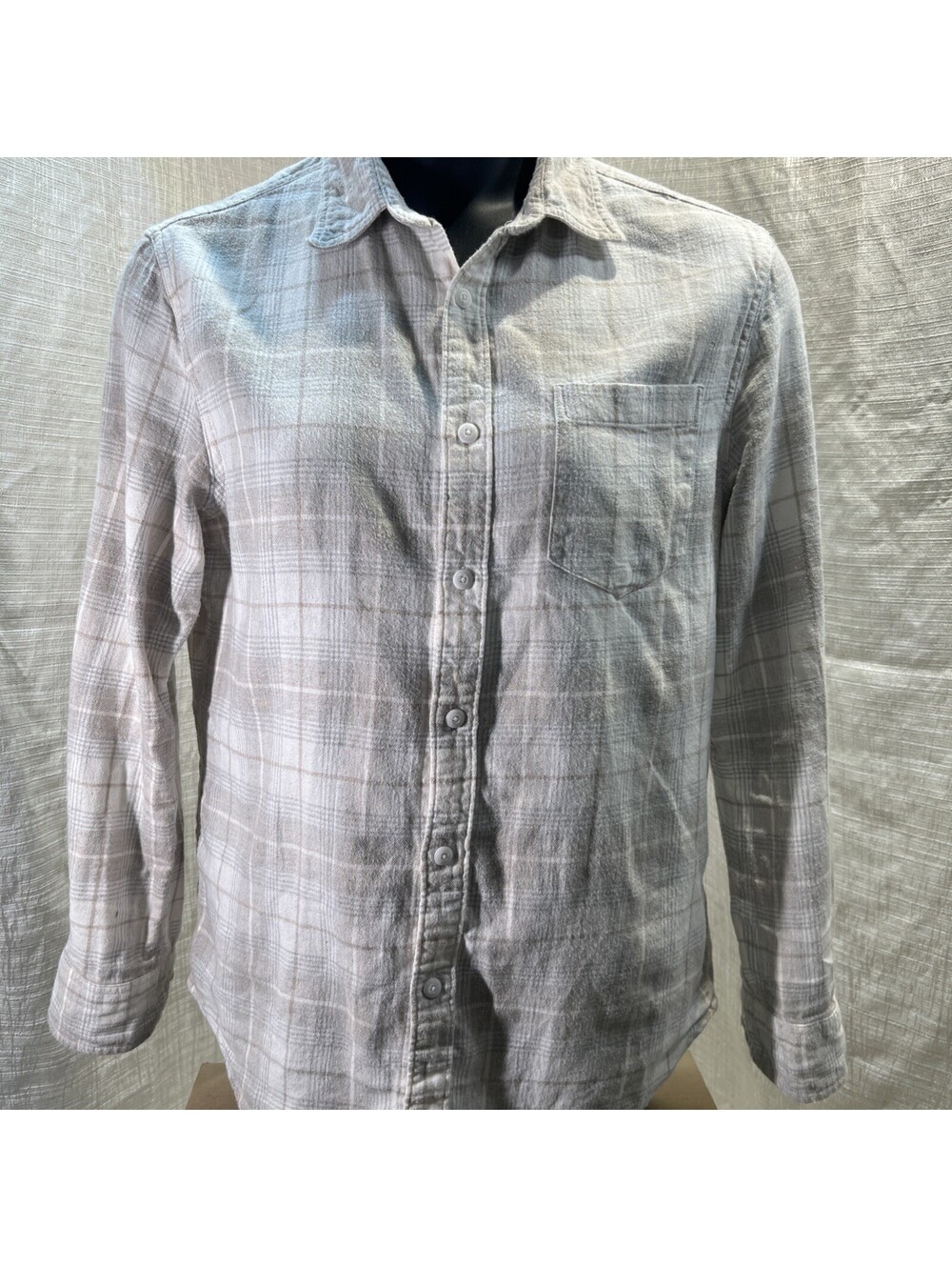 Sonoma Size M Button Down Long Sleeve Light Brown Gray White Checkered